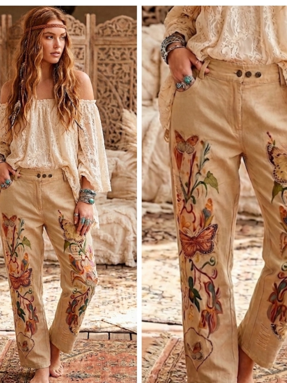 Paper Lace Patchwork Jeans with Butterfly